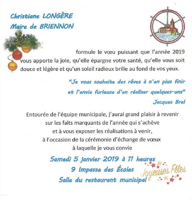 Voeux 2019 de l'équipe municipale avec invitation à une cérémonie le 5 janvier à 11 heure.